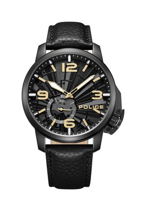 Reloj negro con marcadores y agujas doradas, esfera negra texturizada, correa de cuero y caja redonda de acero inoxidable. Presenta un subdial.