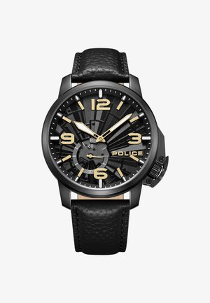 Schwarze Uhr mit goldenen Stundenmarkierungen und Zeigern, strukturiertem schwarzen Ziffernblatt, Lederarmband und einem runden Edelstahlgehäuse. Mit einem Unterziffernblatt.