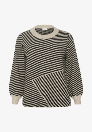 Suéter de punto a rayas con cuello redondo, mangas largas y una mezcla de patrones diagonales y horizontales en crema y negro. Textura suave.