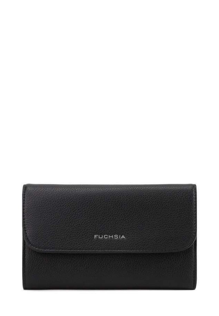 Portefeuille en cuir noir avec une finition texturée, doté d'une fermeture à rabat et d'un marquage métallique "FUCHSIA" à l'avant.