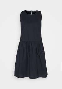 Vestido sin mangas de color marino con escote redondo, cuerpo ajustado y falda acampanada con fruncido. Cuenta con un cierre en la espalda con forma de ojal. Material de mezcla de algodón.