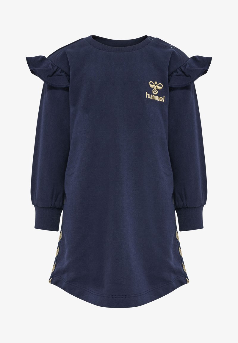 Navyblaues Sweatkleid mit Rüsche an den Schultern, goldenem Logo und seitlichen Akzenten. Lange Ärmel mit elastischen Bündchen, abgerundetem Saum.