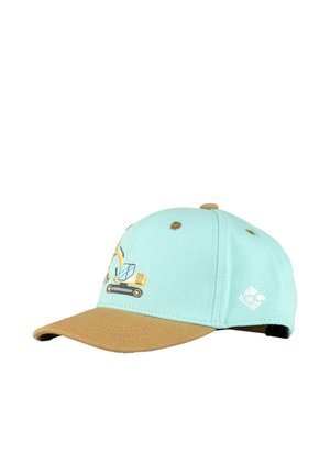Children's baseball cap with light blue crown, brown brim, and an excavator embroidery on the front left panel.