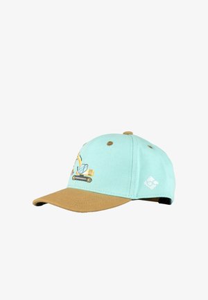 Kinder-Baseballkappe mit hellblauer Krone, braunem Schirm und einer Bagger-Stickerei auf dem vorderen linken Panel.