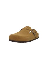 Brown suede clog with a rounded toe, a side strap featuring a metal buckle, and a textured rubber sole for grip.