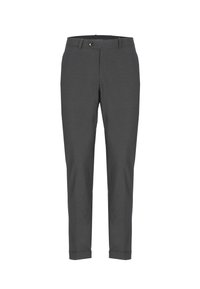 Pantaloni sartoriali grigio scuro in tessuto leggero, con chiusura a un bottone, fronte piatto e orlo a risvolto alle caviglie.