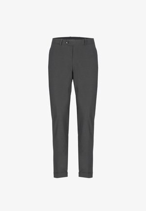 Pantaloni sartoriali grigio scuro in tessuto leggero, con chiusura a un bottone, fronte piatto e orlo a risvolto alle caviglie.