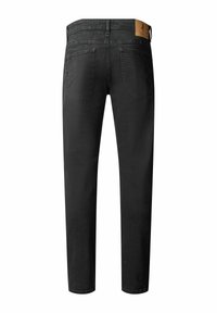 Zwarte spijkerbroek van denim met een rechte snit, vijf zakken, leren patch op de achterkant van de tailleband en subtiele stiksels.