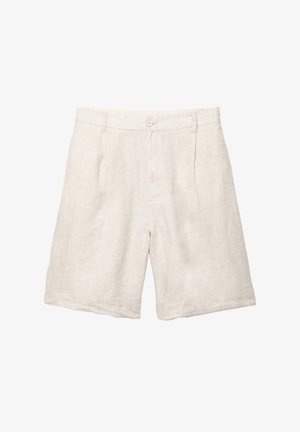 Lnianowe szorty w jasnym beżu z płaskim przodem, pojedynczym zapięciem na guzik, dwoma bocznymi kieszeniami i luźnym krojem. Miękka tekstura z naturalnym wykończeniem.