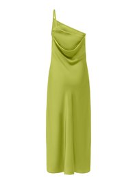 Robe midi en satin vert citron avec encolure asymétrique, bretelle fine unique et détail drapé sur le devant.