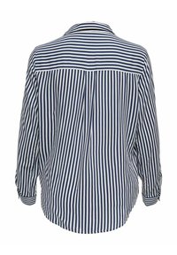 Camisa de rayas en azul marino y blanco de manga larga con cuello, puños abotonados y dobladillo curvado. Tela suave y ligera.