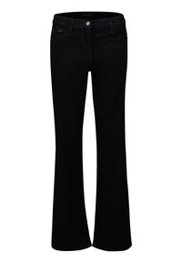 Zwarte bootcut jeans voor vrouwen met vijf zakken, riemlussen en een knoopsluiting bij de taille.