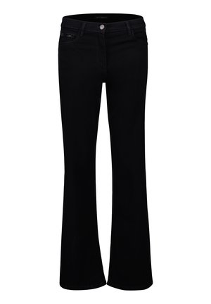 Jeans bootcut pour femmes noires avec cinq poches, passants de ceinture et une fermeture à bouton à la taille.