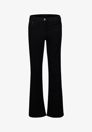 Sorte bootcut jeans til kvinder med fem lommer, bæltestropper og en knaplukning i taljen.
