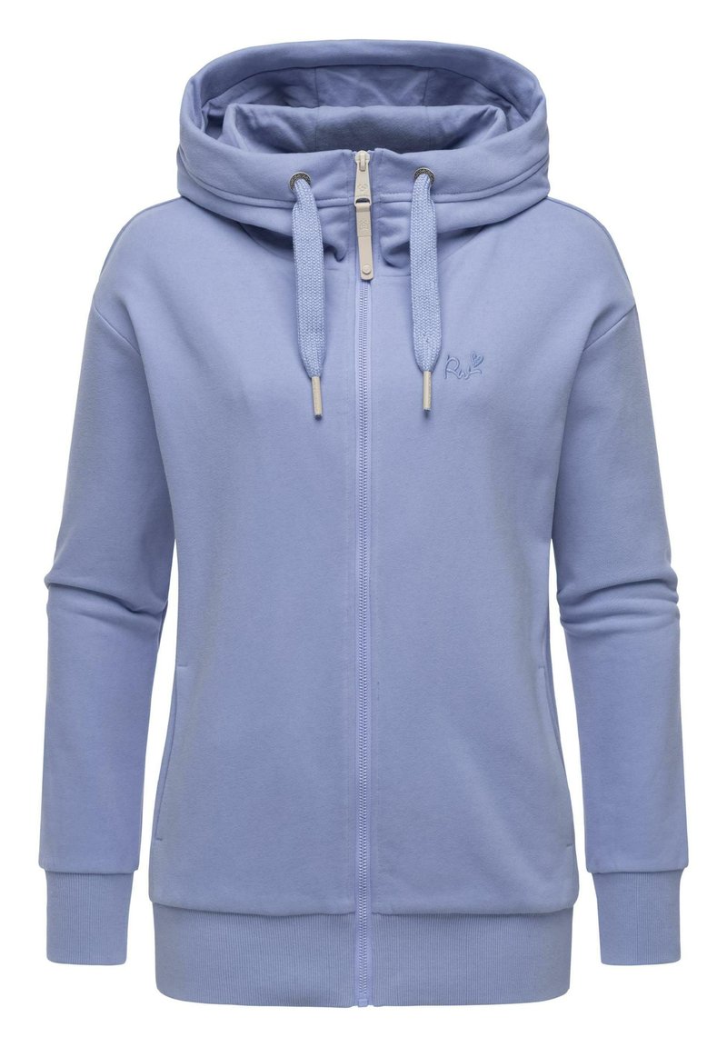 Svetlomodrá mikina na zips vyrobená z mäkkého materiálu. Má vysoký golier, nastaviteľnú kapucňu so šnúrkou, bočné vrecká a rebrované manžety.