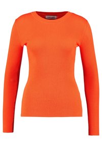 Jasno pomarańczowy sweter z długim rękawem, prążkowany, o okrągłym dekolcie, z dopasowanym krojem i teksturowanym materiałem, zapewniającym ciepło i komfort.