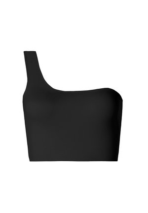 Sort one-shoulder-top lavet af et blødt, elastisk stof. Den har et minimalistisk design med en tætsiddende silhuet og ingen synlige lukninger.