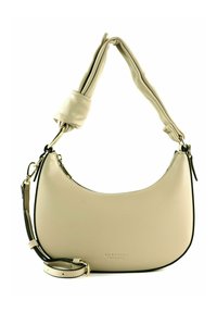 Sac à bandoulière en cuir beige avec une texture lisse, une silhouette courbée et une poignée nouée distinctive. Comprend des éléments métalliques dorés et une bandoulière amovible.