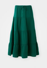 Vihreä kerroksellinen hame, joka on valmistettu kevyestä kankaasta ja jossa on kootut yksityiskohdat. Hameessa on joustava vyötärö ja nyöri, joka mahdollistaa säädettävän istuvuuden.