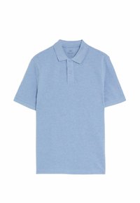 Hellblauses Poloshirt aus weichem Baumwollmaterial, mit klassischem Kragen, Drei-Knopf-Leiste und kurzen Ärmeln. Strukturiertes Gewebe.
