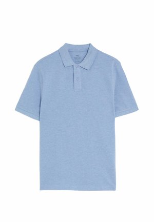 Hellblauses Poloshirt aus weichem Baumwollmaterial, mit klassischem Kragen, Drei-Knopf-Leiste und kurzen Ärmeln. Strukturiertes Gewebe.