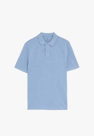 Jasnoniebieska koszulka polo wykonana z miękkiej bawełny, z klasycznym kołnierzykiem, zapięciem na trzy guziki oraz krótkimi rękawami. Teksturowana tkanina.