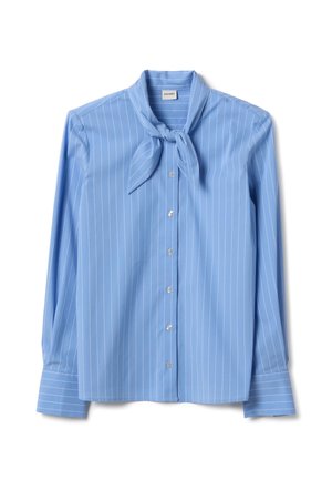 Hellblaue Bluse mit langen Ärmeln und weißen Nadelstreifen, durchgeknöpft, mit Manschettenärmeln und einer gebundenen Halstuch-Detail.