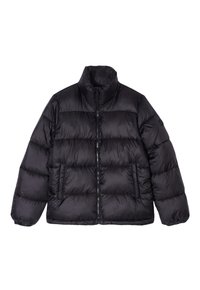 Giacca a vento nera con colletto alto, chiusura con zip e tasche laterali. Presenta sezioni trapuntate e una texture liscia e lucida. Design leggero.