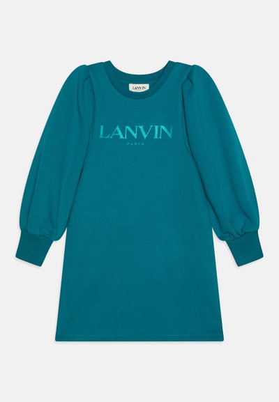 Vestido de algodón en tono azul verde que presenta un clásico escote redondo, mangas abullonadas y un detalle del logo en relieve "LANVIN PARIS" en el pecho.