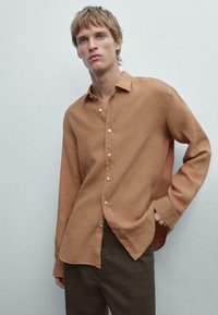 Chemise à manches longues marron, boutonnée, avec une coupe décontractée, fabriquée à partir d'un tissu lisse. Présente un col classique et une texture subtile.