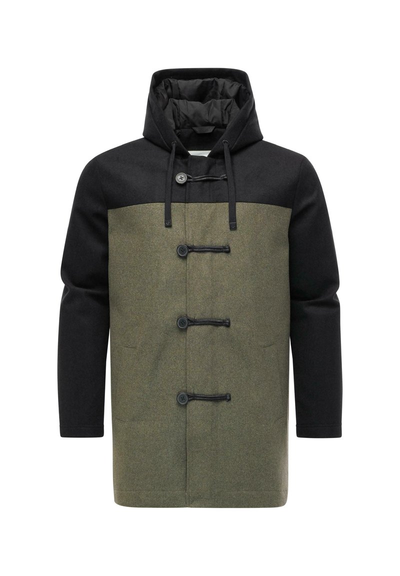 Cappotto duffle con cappuccio da uomo, maniche e parte superiore nere, corpo verde oliva, chiusure a bottone e cappuccio con cordino.