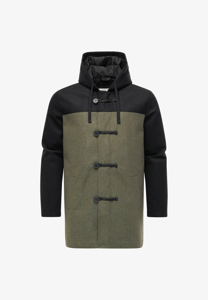 Herre duffelcoat med hætte, sorte ærmer og top, olivengrønt krop, knap-lukninger med toggles og snoretræk i hætten.