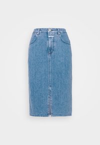 Blue denim knee-length pencil skirt with front slit, belt loops, side pockets, and button closure on a white background.