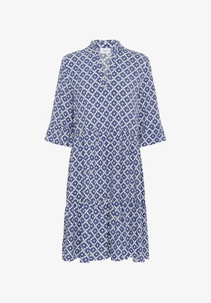 Rochie cu un model albastru și alb, cu mâneci trei sferturi, decolteu în V și un design cu fuste în straturi. Fabricată dintr-un material ușor.