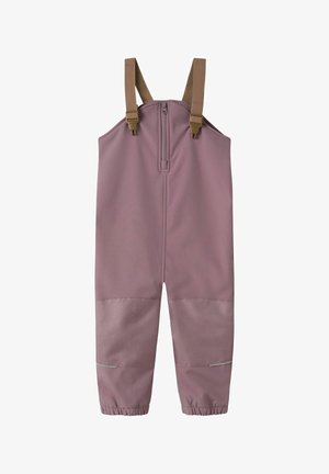 Vanntette overalls i lilla for barn, med tan justerbare skulderstropper, glidelås foran, forsterkede knær og elastiske ankelmansjetter.