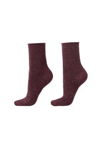 Bordeauxfarvede ankelstrømper med et struktureret, plettet design. Materiale i bomuldsblanding med forstærket hæl og tå for holdbarhed.