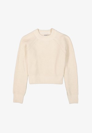 Pull court de couleur crème avec une texture côtelée, des manches raglan longues et un col rond. Présente un design tricoté pour plus de chaleur.