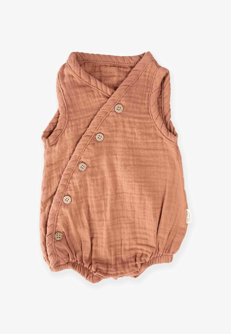 Bebać rompić u boji rusta izrađen od meke, teksturirane tkanine. Ima dizajn na preklop i pet dugmadi na prednjoj strani.