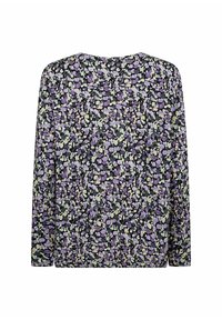 Long-sleeve blouse in lightweight fabric featuring a black background with scattered purple, green, and white floral patterns. Rounded neckline.