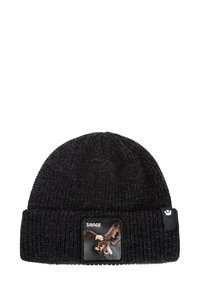 Black knit beanie with a ribbed texture, featuring a patch with a detailed eagle design and "SAVAGE" text in white.