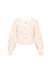 Cardigan tricotat scurt de culoare crem, cu mâneci tip balon, închidere cu nasturi și modele texturate florale și geometrice.