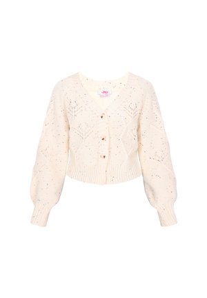 Cárdigan de punto recortado color crema con mangas abullonadas, cierre de botones y patrones texturizados florales y geométricos.