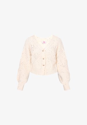 Cardigan a maglia corto color crema con maniche a palloncino, chiusura con bottoni e motivi floreali e geometrici testurizzati.