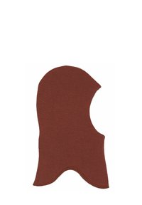 Balaclava marrone a maglia con forma della testa arrotondata, viso scoperto e aperture per gli occhi. Texture liscia con design senza cuciture.