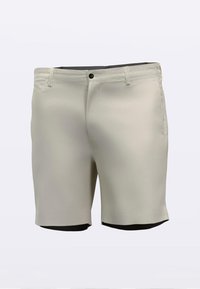 Pantaloncini beige chiaro realizzati in tessuto liscio con chiusura a bottone, caratterizzati da tasche frontali, una cintura piatta e un orlo dritto.