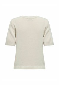 Korte mouw gebreide trui in lichtbeige, met een geribbelde ronde halslijn en een geweven stof met een subtiel patroon.