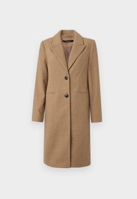 Cappotto a spina di pesce marrone con rever a punta, davanti monopetto, due bottoni e tasche laterali. Texture liscia, design fino al ginocchio.
