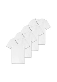 Fire hvide V-hals t-shirts vist i en stablet opstilling. Hver skjorte har korte ærmer og en glat stofstruktur.