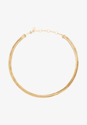 Náhrdelník ze zlaceného kovu s výrazným řetězovým designem, hladkým povrchem a hexagonálním zapínáním s nastavitelným řetězem.