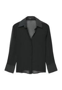 Camicia nera a maniche lunghe in tessuto leggero con colletto, patta con bottoni e polsini a contrasto. Texture liscia, design minimalista.